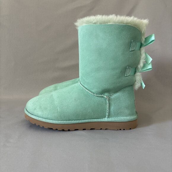 Women's UGG Boots Sz 7 Bailey Bow SFSP Aqua Suede Coquette Light Green Blue - Picture 3 of 16